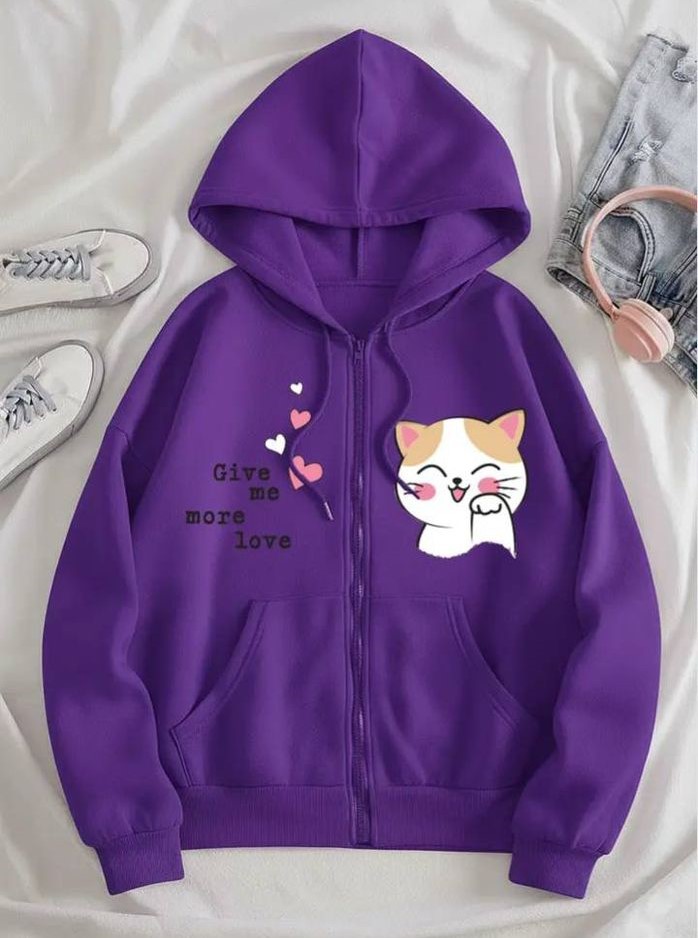 Cute Cat Printed "Give Me More Love" Zip-Up Hoodie for Girls - Image 2