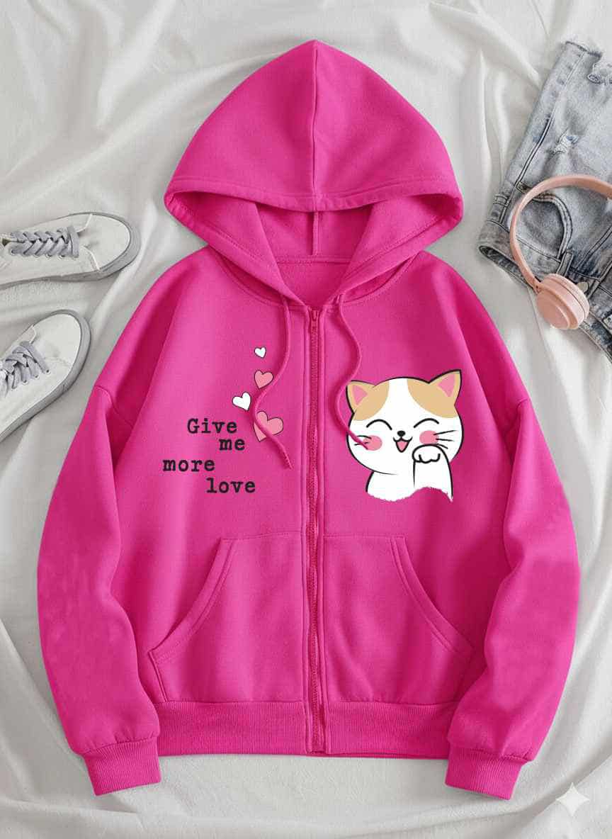 Cute Cat Printed "Give Me More Love" Zip-Up Hoodie for Girls - Image 3