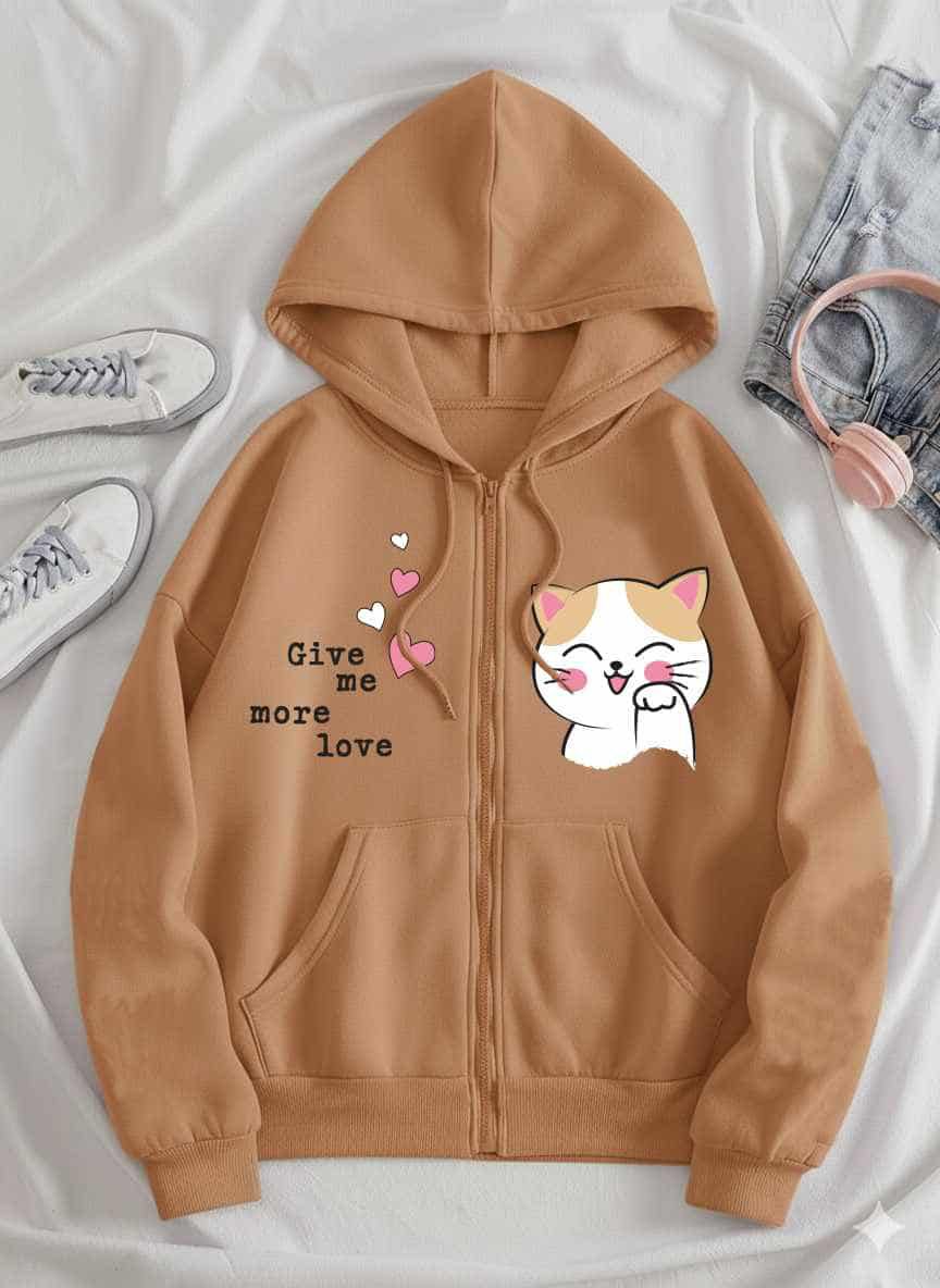 Cute Cat Printed "Give Me More Love" Zip-Up Hoodie for Girls - Image 4